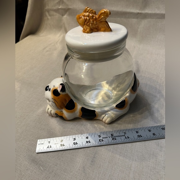 Vintage Calico Cat w/ Goldfish Bowl Lid Cookie Treat Jar - Picture 10 of 12